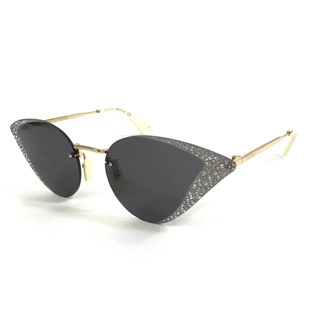 Gucci Sunglasses GG0898S 001 Gold Cat Eye Crystal Frames with Gray Lenses